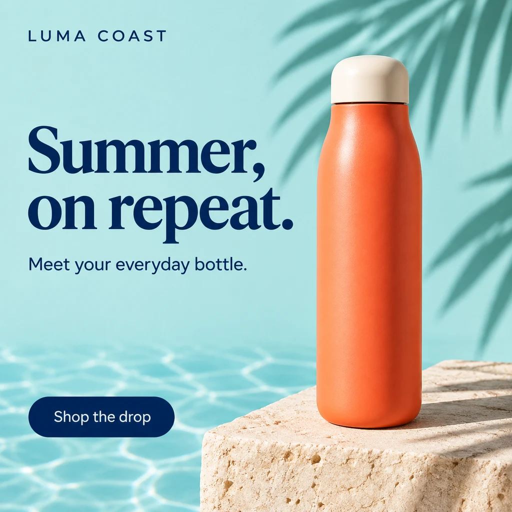 AI-generated LUMA COAST summer advertisement with a coral bottle, turquoise background and Summer, on repeat headline.
