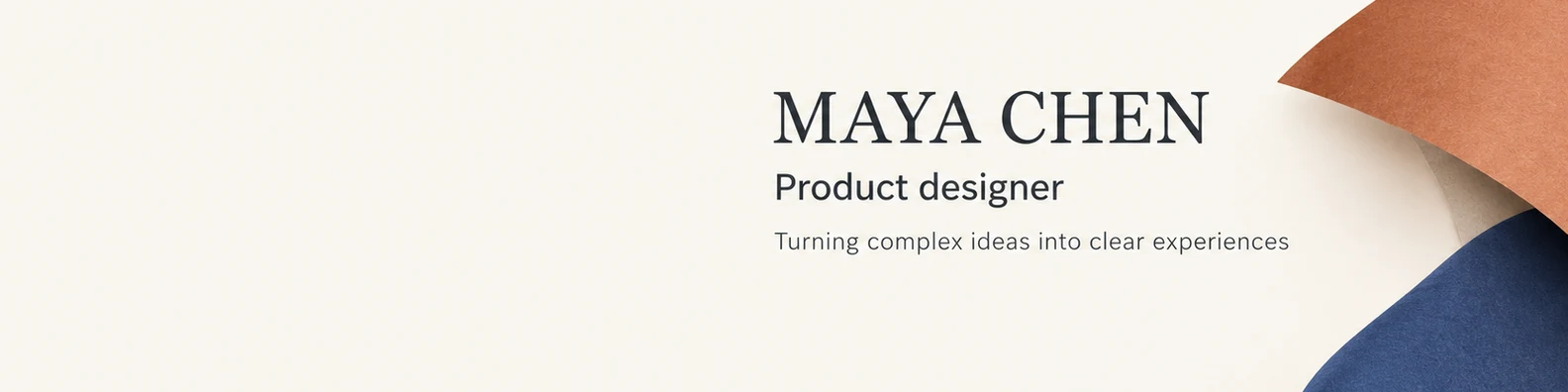 AI-generated Maya Chen LinkedIn cover with a product designer headline, ivory background and folded-paper forms.