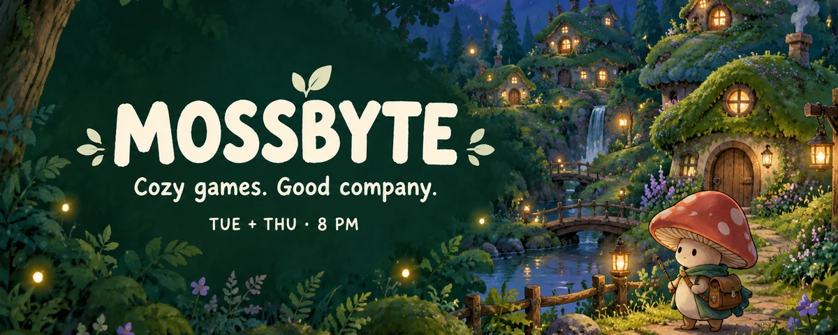 AI-generated MOSSBYTE Twitch banner with a cozy woodland village, cream channel lettering and a streaming schedule.